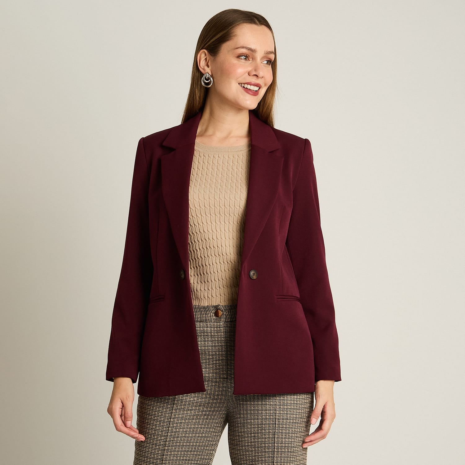 Blazer Burdeo Manga Larga Elasticidad Nula Con Forro Calce Normal Tela Plano